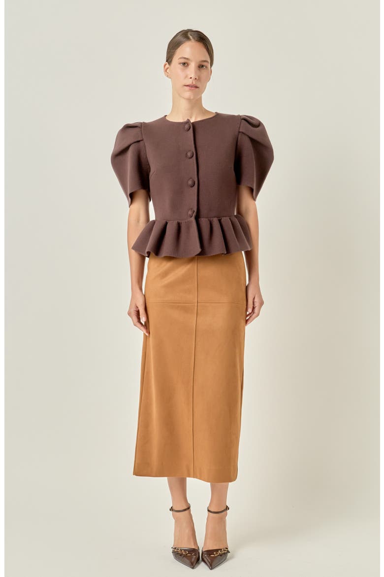 Puff Sleeve Peplum Top, Alternate, color, CHOCOLATE BROWN