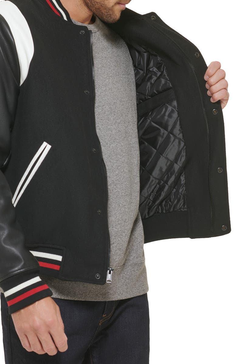 Tommy Hilfiger Faux Leather Letterman Varsity Jacket, Alternate, color, Black