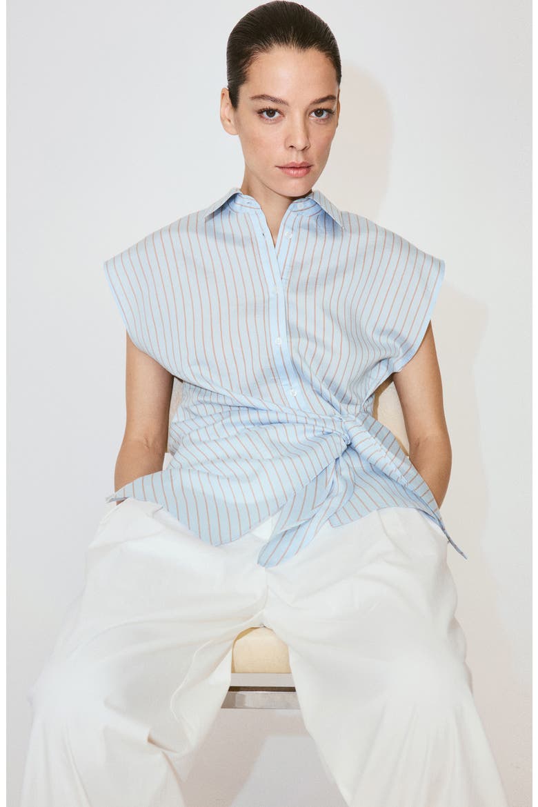 Knotted Stripe Cap Sleeve Button-Up Shirt, Alternate, color, SKY BLUE