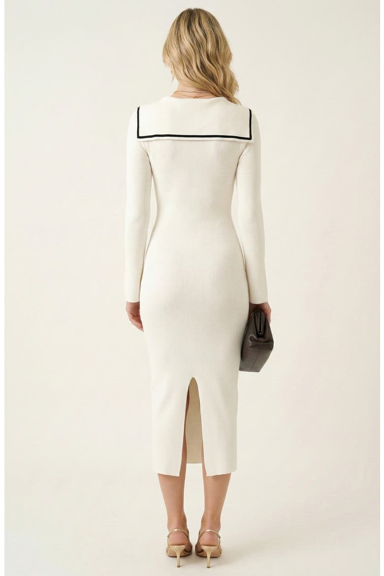 Ribbed Knit V-Neck Contrast Trim Midi Dress, Alternate, color, White / Black