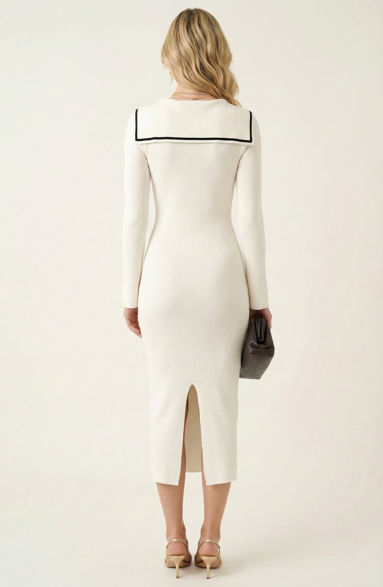 Modenaire Ribbed Knit V-Neck Contrast Trim Midi Dress, Alternate, color, White / Black