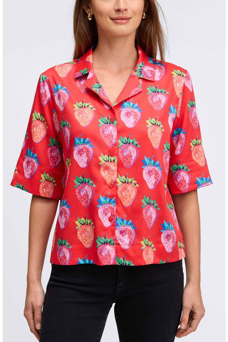 Quinn Strawberry Print Elbow Sleeve Cotton Button-Up Shirt, Main, color, RED/ MULTI