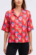 Foxcroft Quinn Strawberry Print Elbow Sleeve Cotton Button-Up Shirt