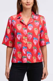 Foxcroft Quinn Strawberry Print Elbow Sleeve Cotton Button-Up Shirt