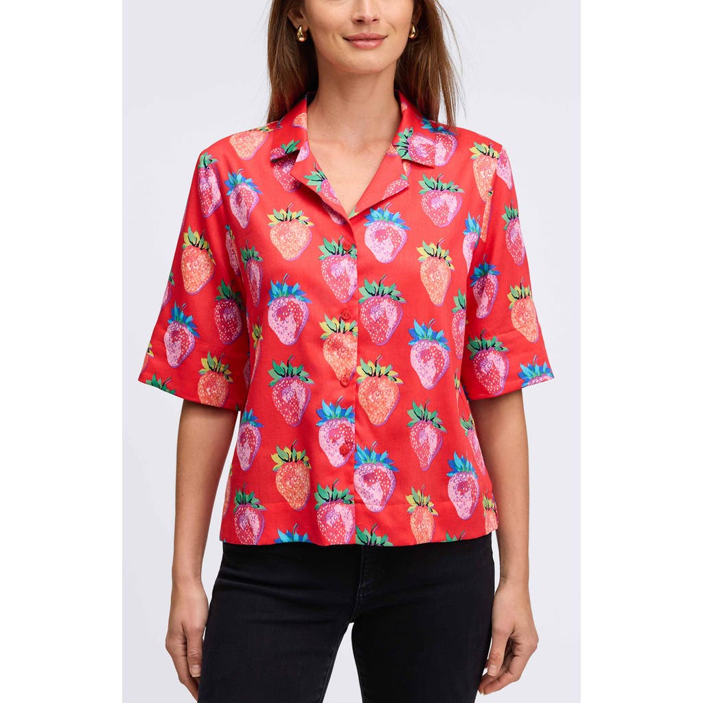 Foxcroft Quinn Strawberry Print Elbow Sleeve Cotton Button-up Shirt In Multi