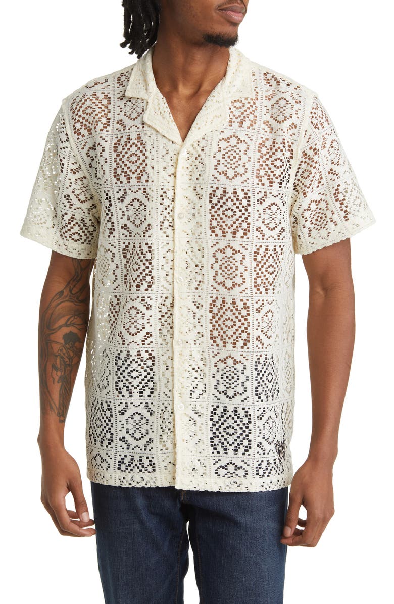 CONEY ISLAND PICNIC Flight Regular Fit Crochet Short Sleeve Button-Up Shirt, Main, color, 