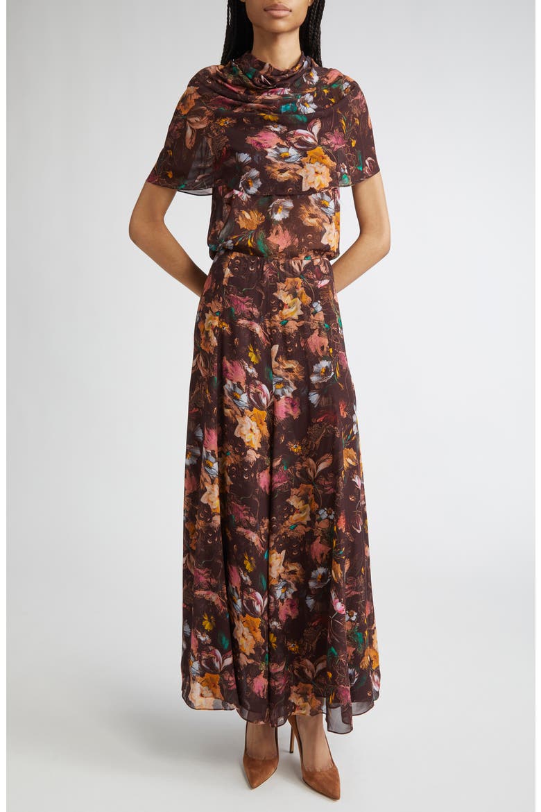 Floral Chiffon Cowl Neck, Alternate, color, BROWN