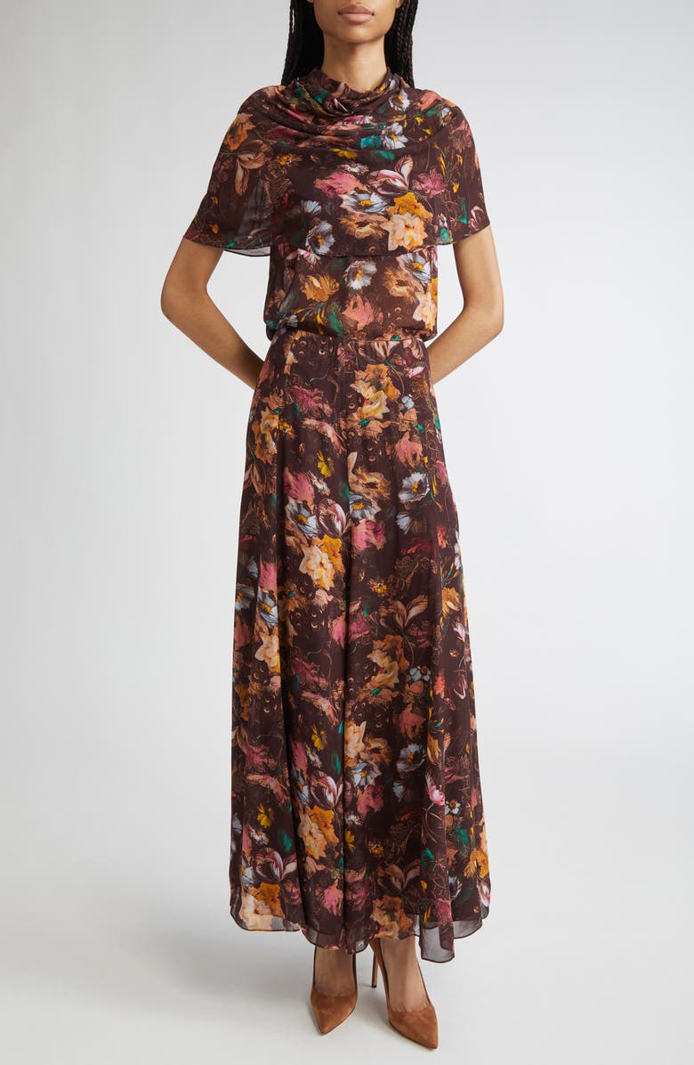 Lela Rose Floral Chiffon Cowl Neck, Alternate, color, Brown