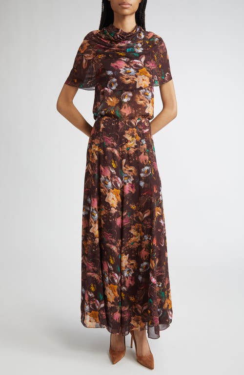 Lela Rose Floral Chiffon A-line Maxi Skirt In Brown