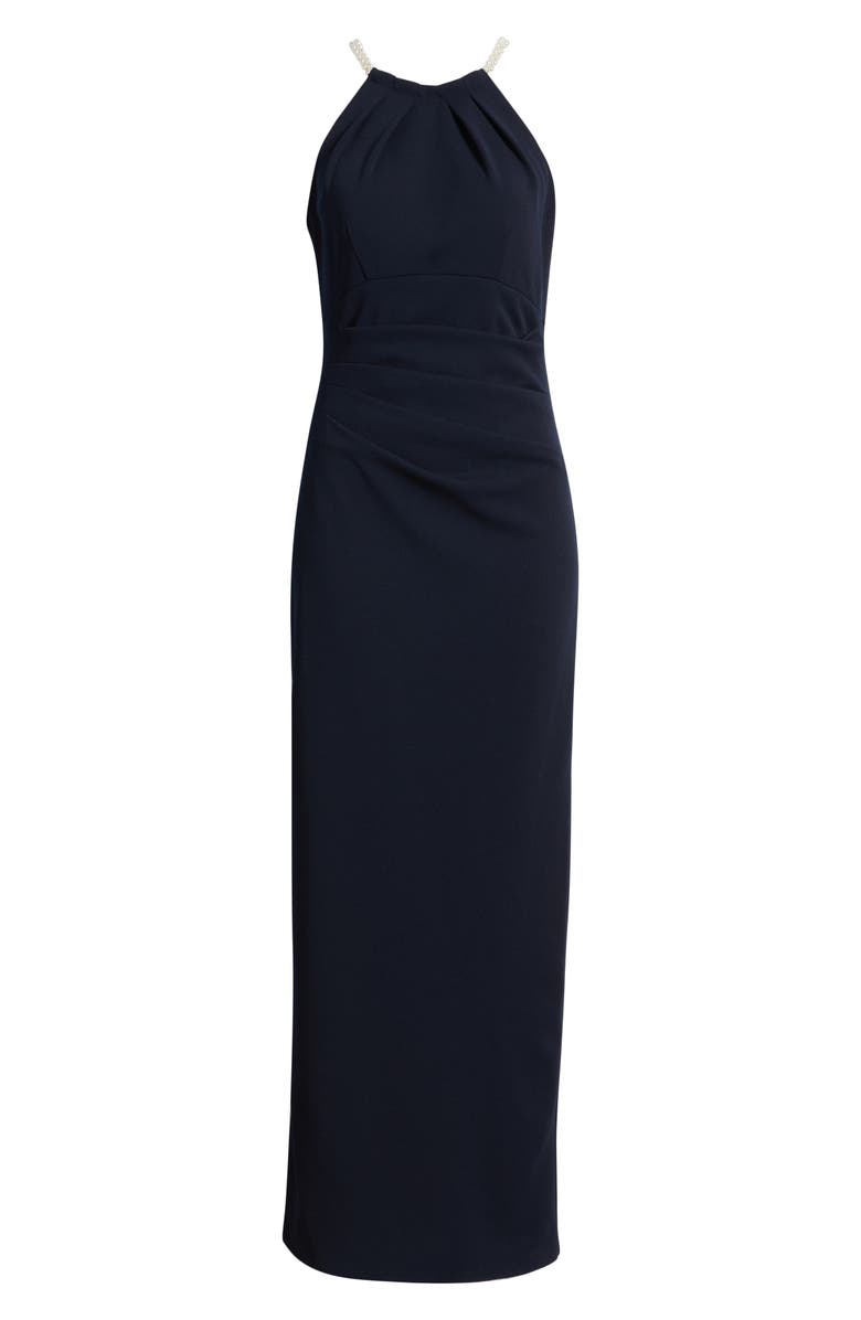 Eliza J Faux Pearl Neckline Gown, Alternate, color, Navy