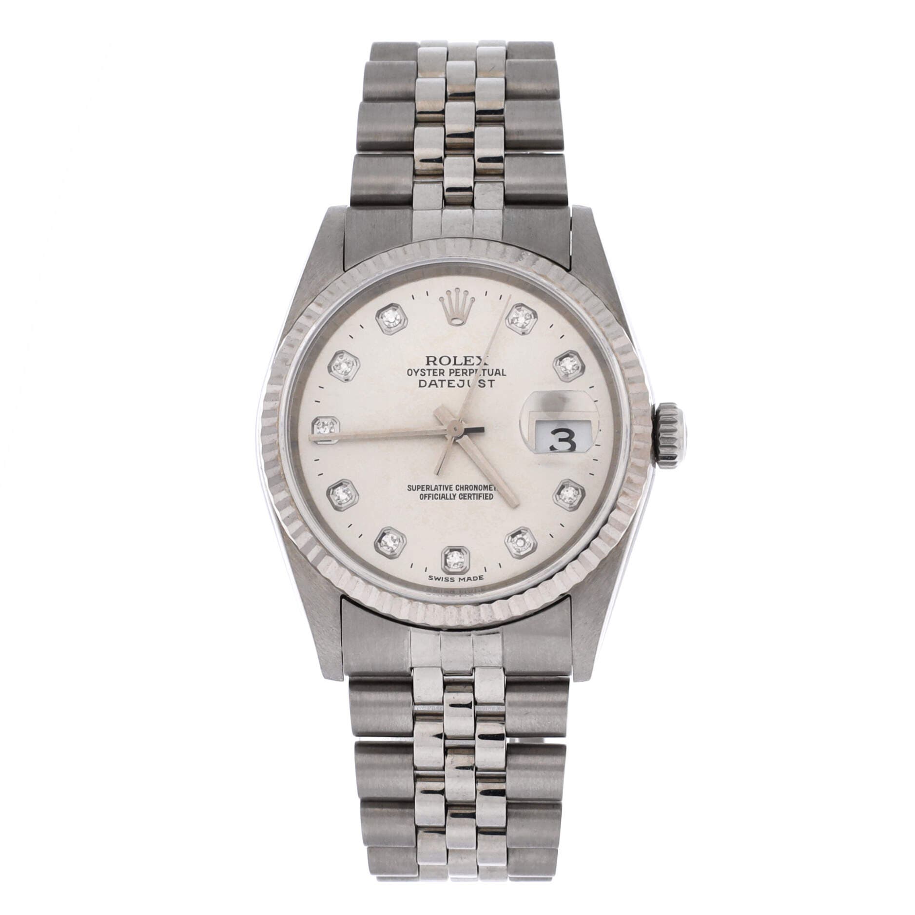 Oyster Perpetual Datejust Automatic Watch Stainless Steel and White Gold with Diamond Markers 36, Main, color, Metallic Silver