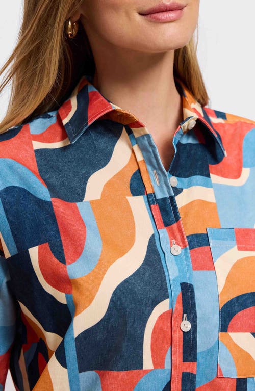 Foxcroft Marina Geo Print Cotton Corduroy Button-up Shirt In Blue