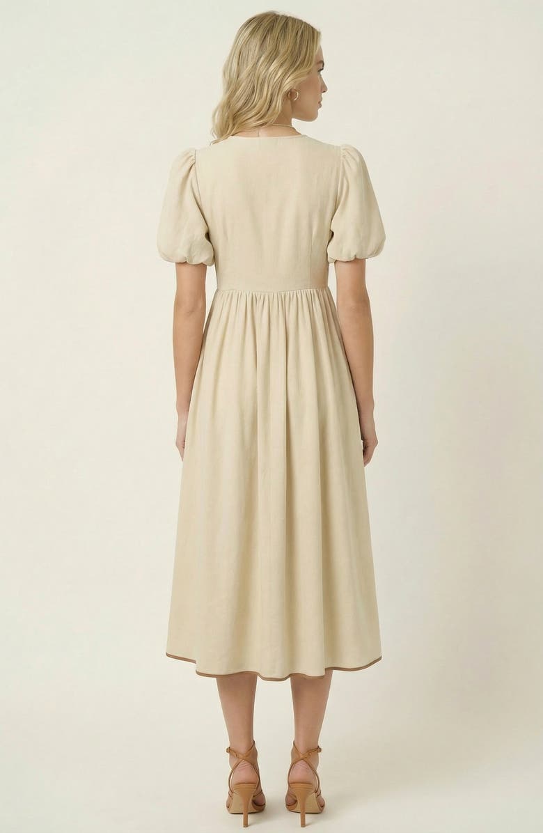 Modenaire Midi Puff Sleeve Dress with Contrast Ties and Hemline Trim, Alternate, color, Off-White / Cream