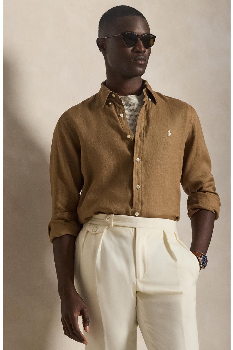 Classic Fit Linen Button-Down Shirt, Alternate, color, RL BROWN