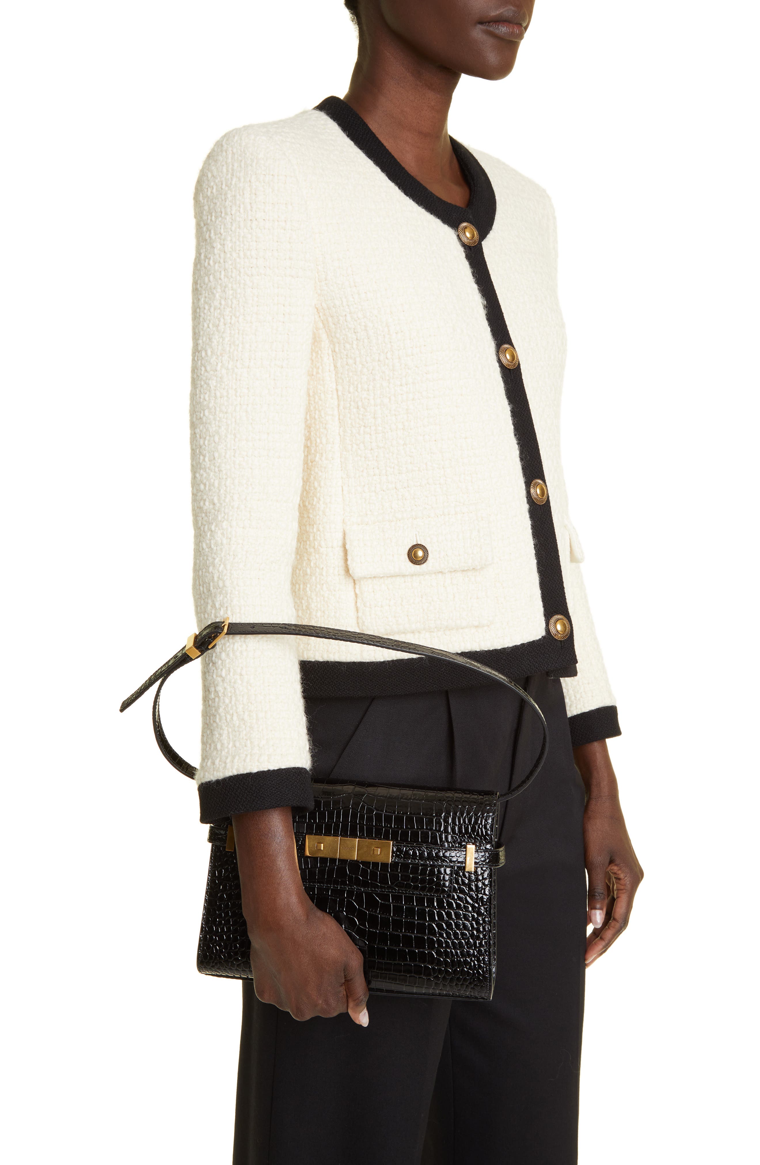 Small Manhattan Croc Embossed Shoulder Bag, Alternate, color, NOIR