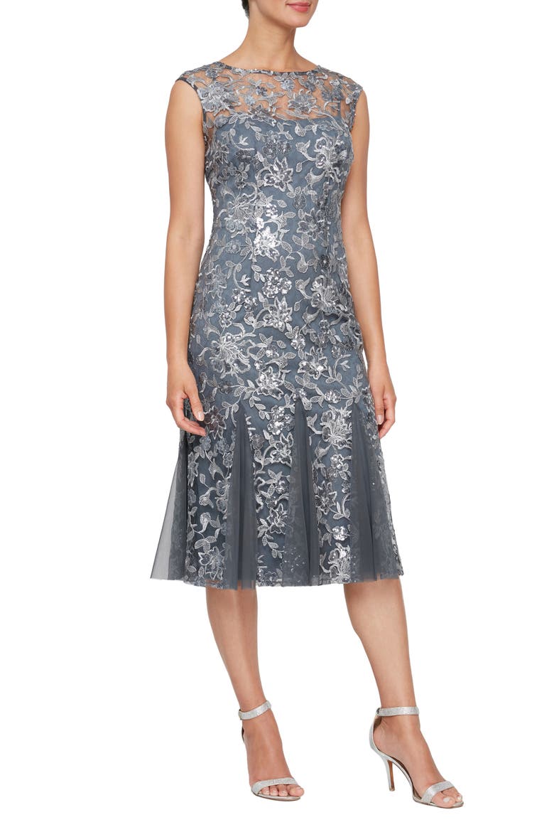 Cap Sleeve Sequin Embroidered Midi Dress, Main, color, PEWTER