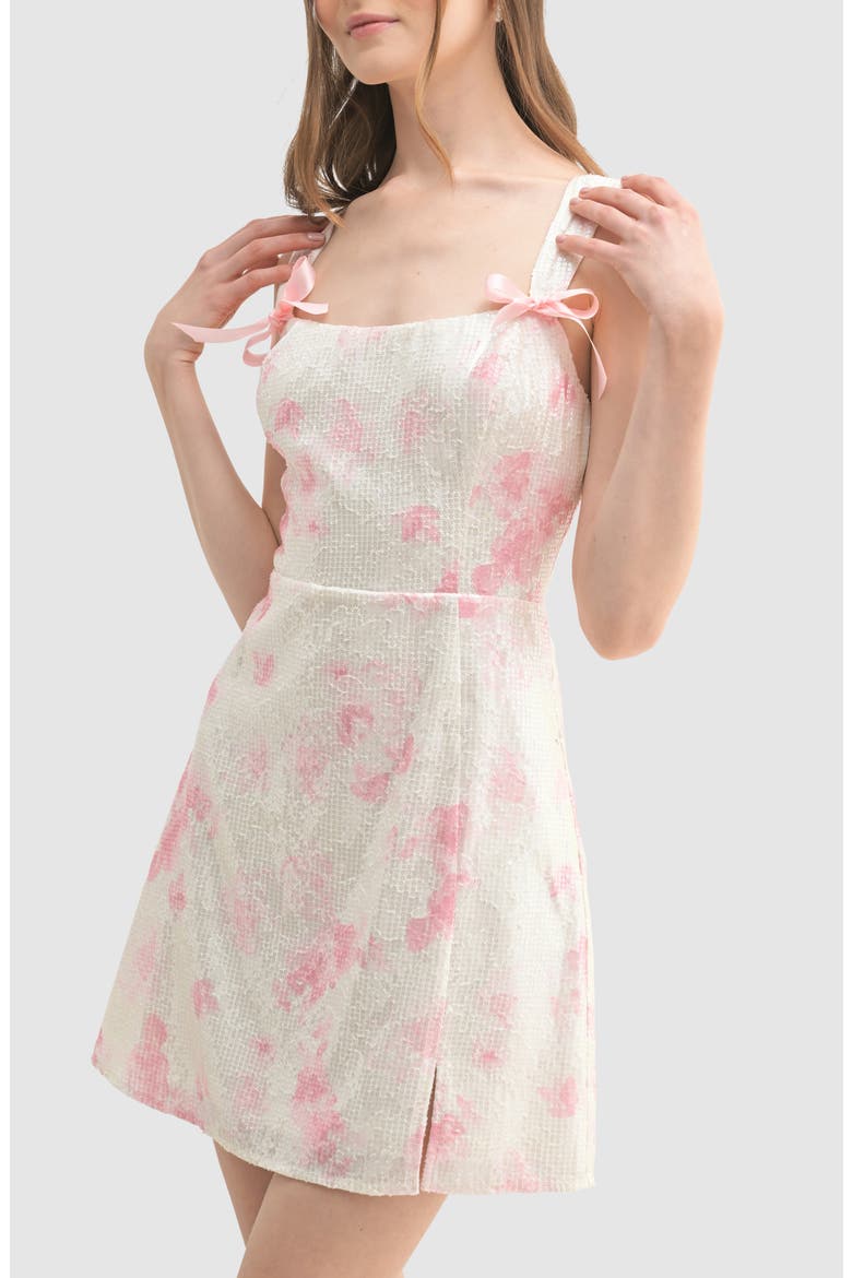 Sequin Rose Print Bow Minidress, Alternate, color, IVORY MAUVE