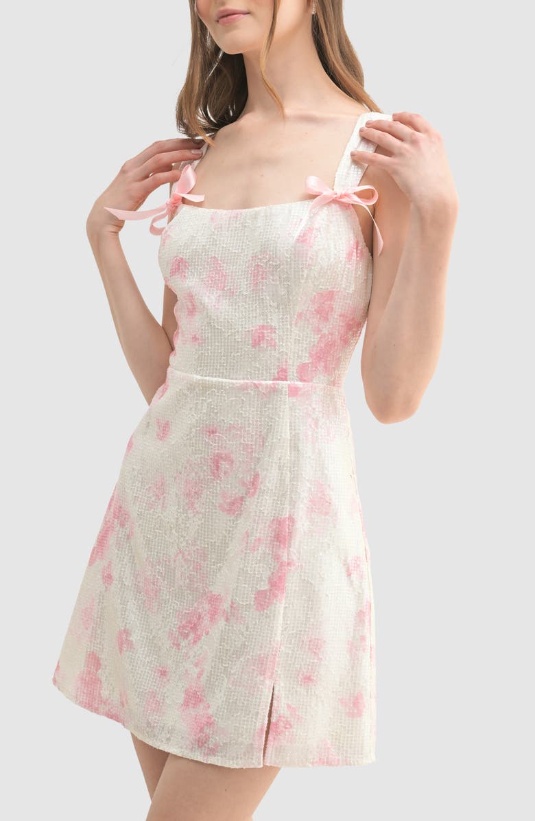 All in Favor Sequin Rose Print Bow Minidress, Alternate, color, Ivory Mauve