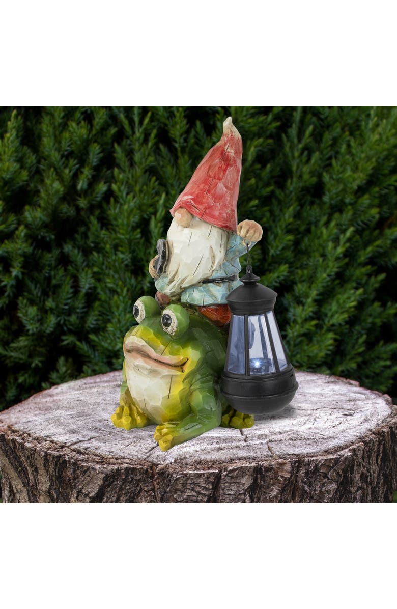 Northlight LED Solar Lighted Gnome and Frog Outdoor Garden Statue - 12.5", Alternate, color, Green
