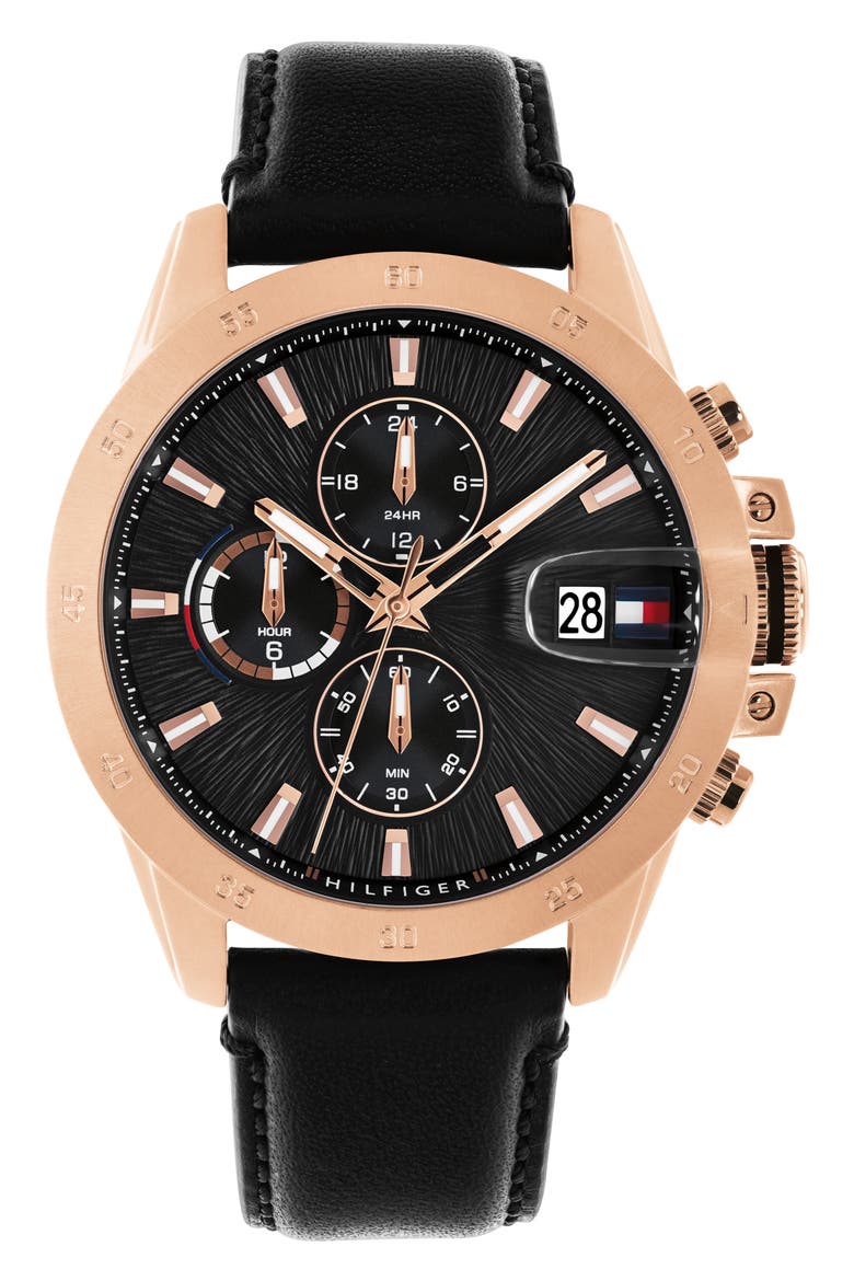 Jameson Multi-Function Leather Strap Watch, Main, color, BLACK