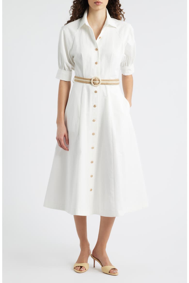 Puff Sleeve Belted Cotton Midi Shirtdress, Main, color, WHITE