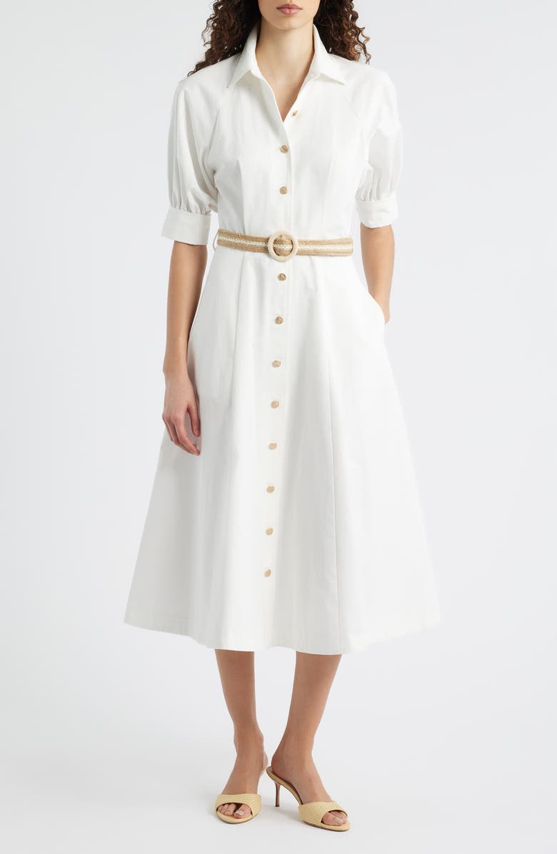 FREEMARKET Puff Sleeve Belted Cotton Midi Shirtdress, Main, color, White