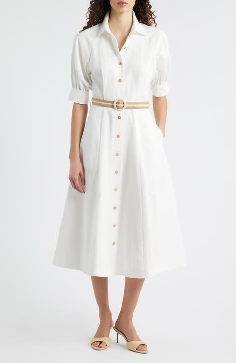 Puff Sleeve Belted Cotton Midi Shirtdress