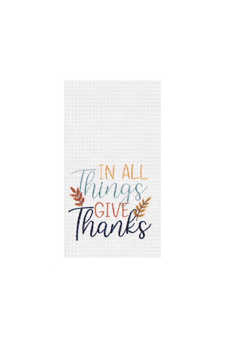 "In All Things Give Thanks" Wheat 100% Cotton Embroidered Flour Sack Dishtowel, Main, color, White