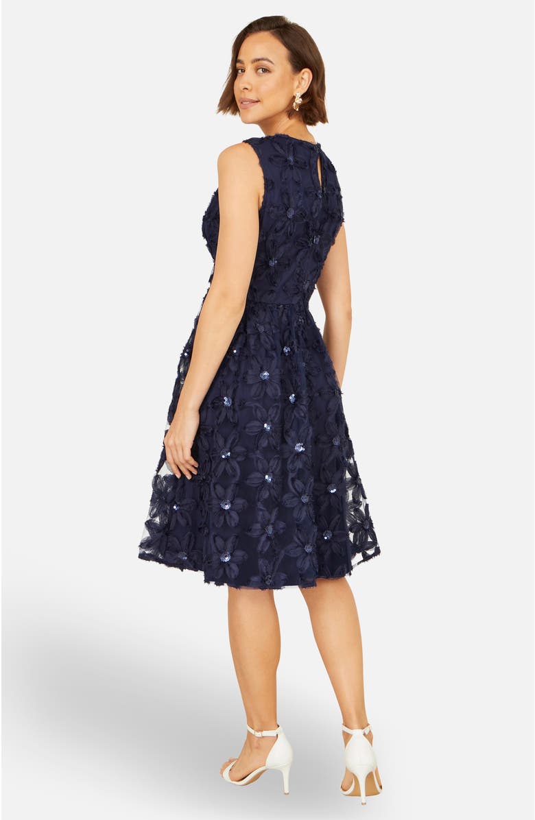 Yumi Sequin Floral Applique Skater Dress, Alternate, color, Navy