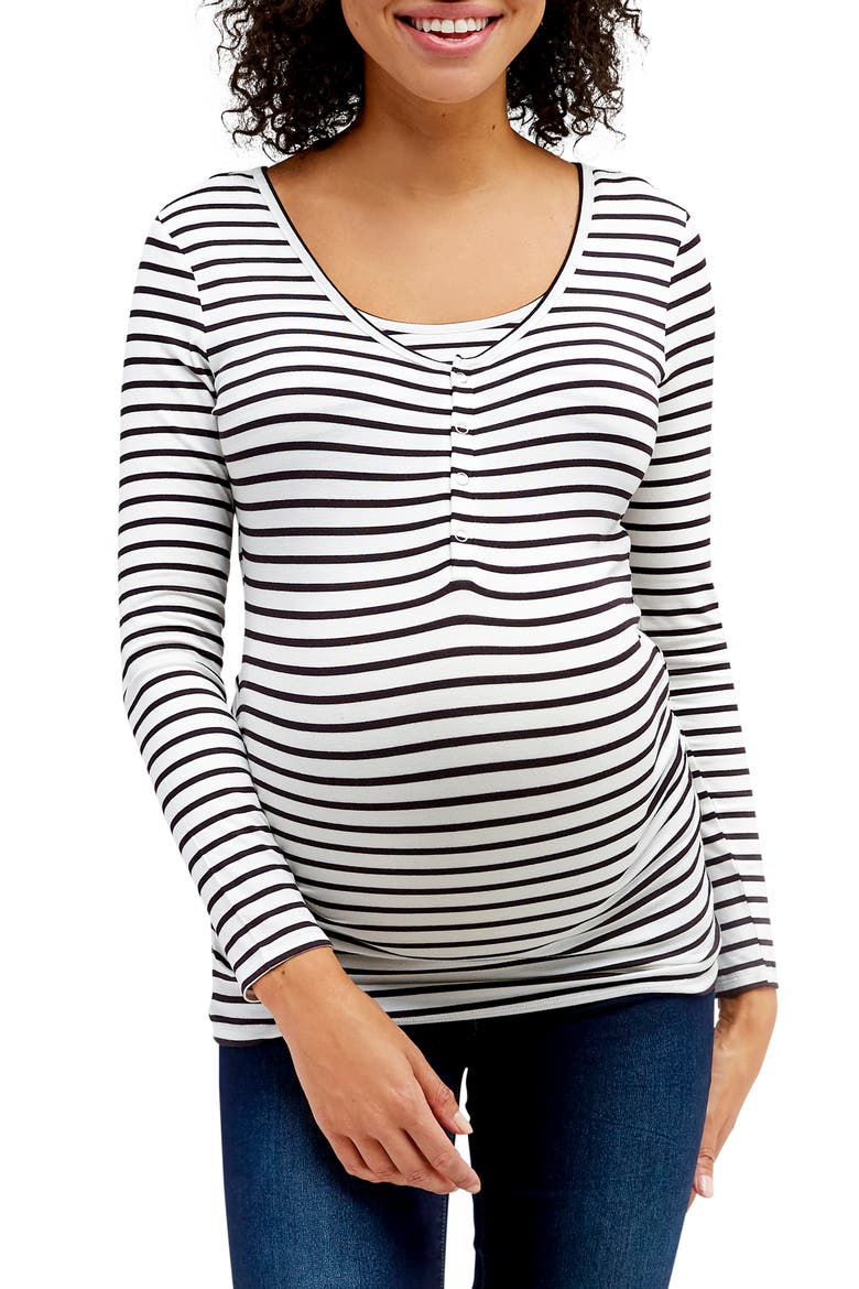 Ruched Long Sleeve Maternity/Nursing Top, Main, color, BLACK AND WHITE STRIPE