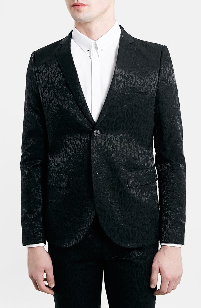 Topman Black Animal Print Skinny Fit Suit Jacket, Main, color, 