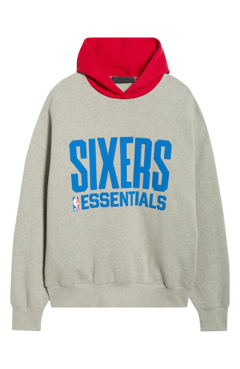 Fear of God Essentials Sixers Cotton Blend Hoodie, Alternate, color, Concrete Heather/ Red