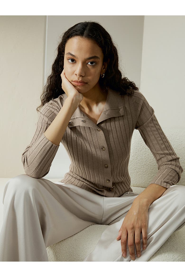 Women's Ribbed Silk-Cashmere Blend Cardigan, Alternate, color, Brown