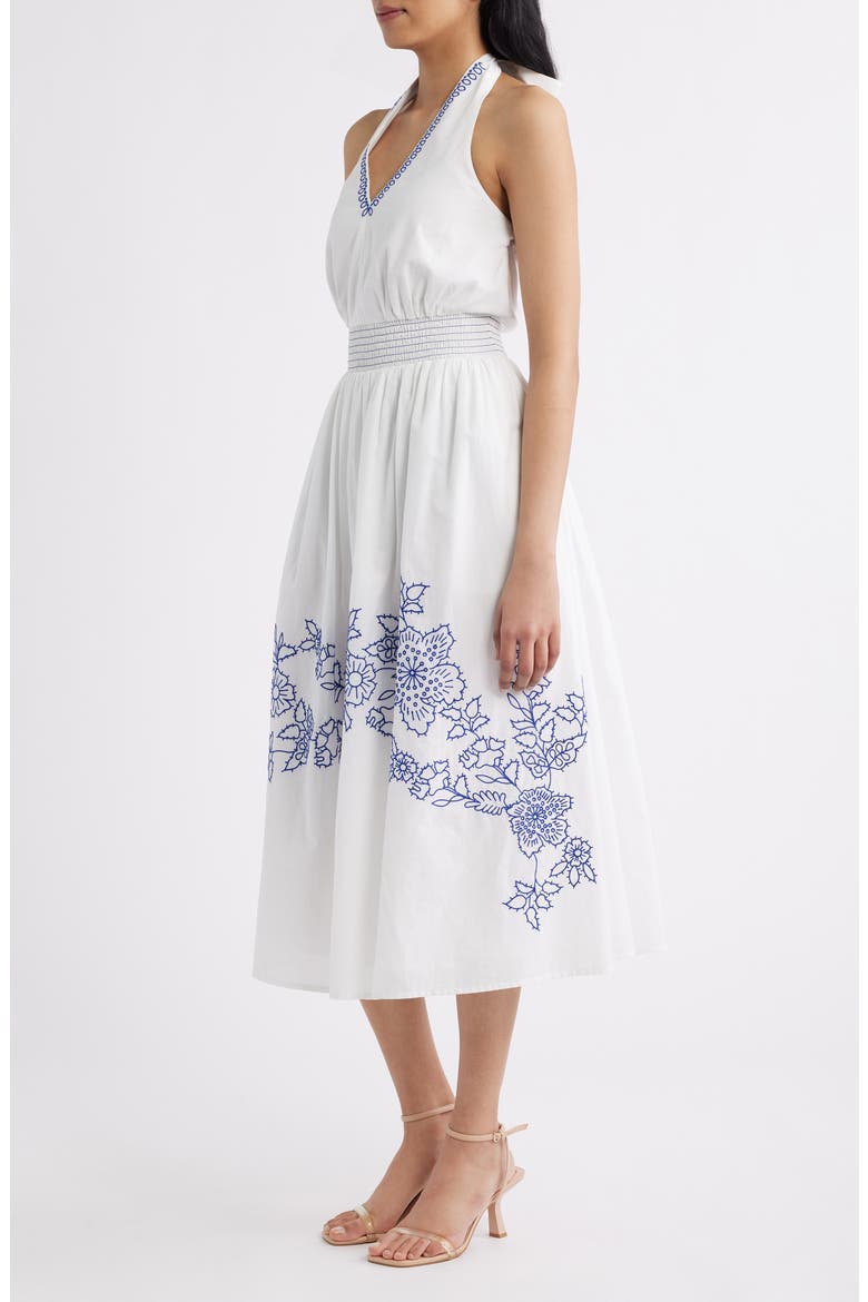 Placed Embroidery Halter Neck Cotton Midi Dress, Alternate, color, IVORY BLUE