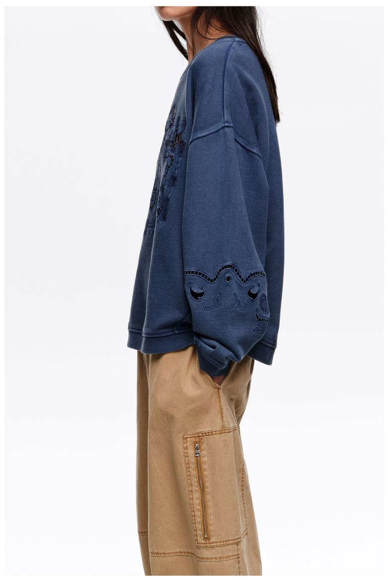 Faded Sweatshirt With Maxi Broderie Anglaise Logo, Alternate, color, BLUE