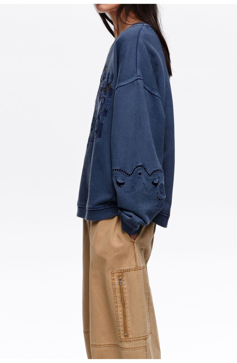 Bimba y Lola Faded Sweatshirt With Maxi Broderie Anglaise Logo, Alternate, color, Blue