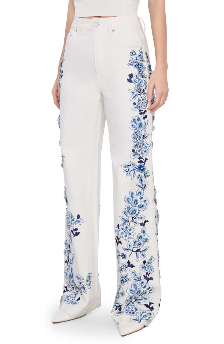 Alice + Olivia Weezy Floral Embroidered Bootcut Jeans, Main, color, Off White