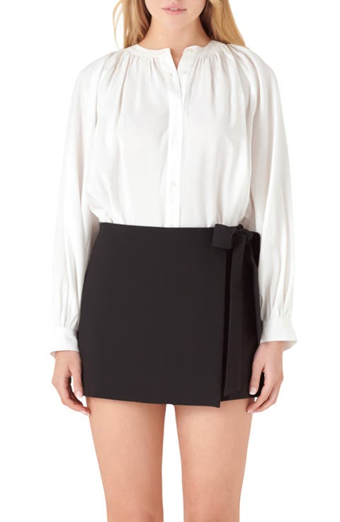 Shirred Long Sleeve Button-Up Shirt