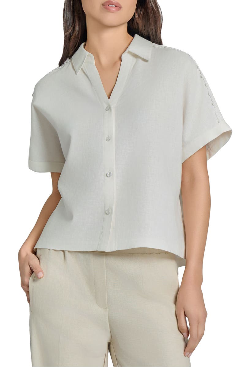 Jones New York Lace Appliqué Linen Blend Short Sleeve Button-Up Shirt, Main, color,