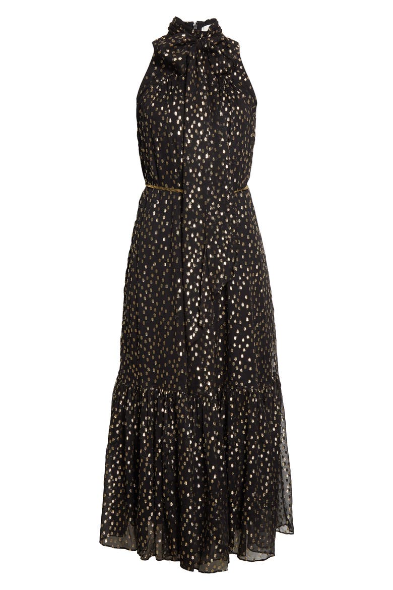 Tie Neck Silk Fil Coupé Midi Dress, Alternate, color, BLACK