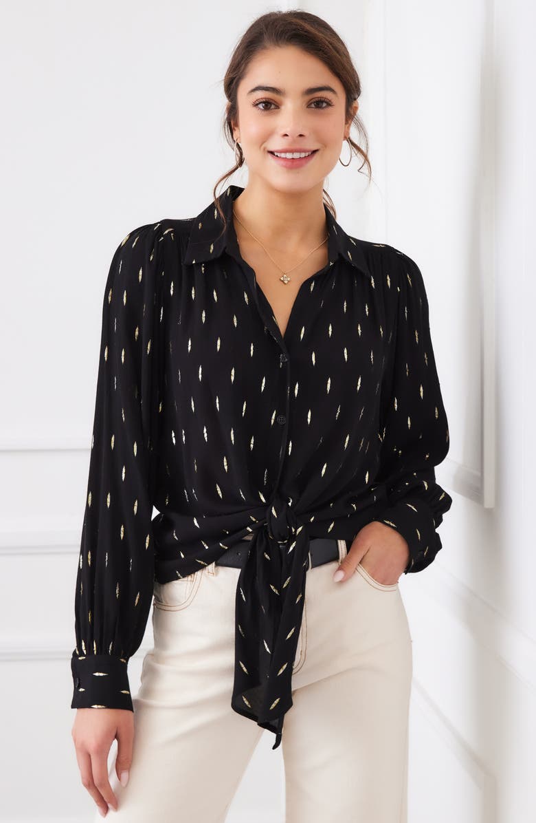 Karen Kane Metallic Tie Front Top, Alternate, color, Black