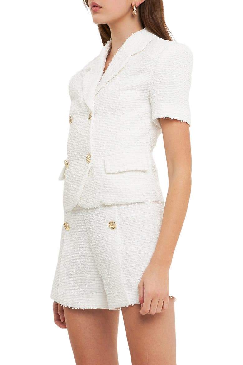 Double Breasted Short Sleeve Tweed Blazer, Alternate, color, WHITE