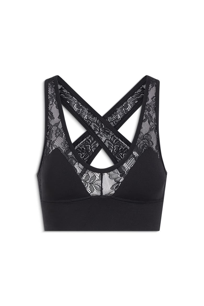 Le Stretch Lace Sports Bra, Alternate, color, Black