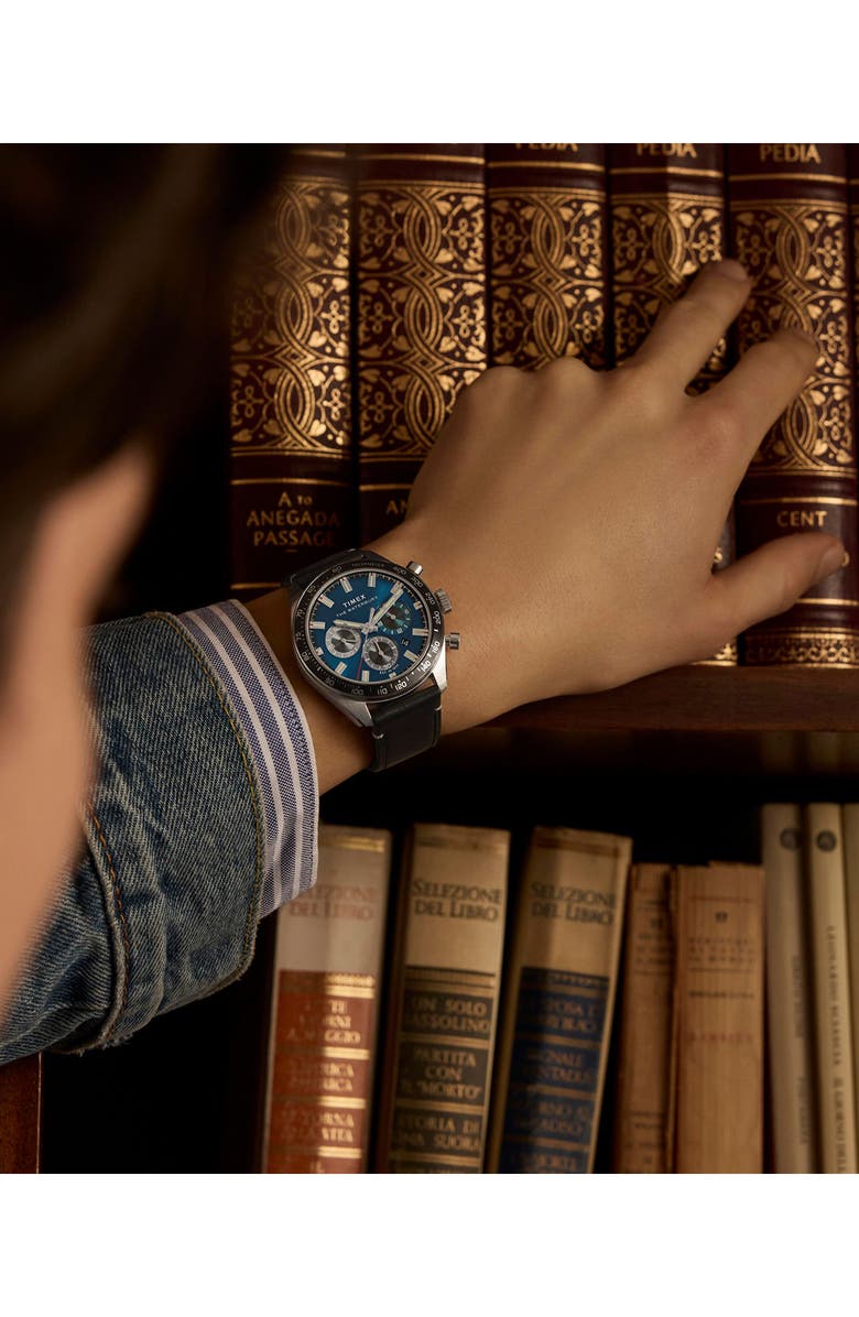 Timex<sup>®</sup> Waterbury Traditional Chronograph Leather Strap Watch, 41mm, Alternate, color, Black