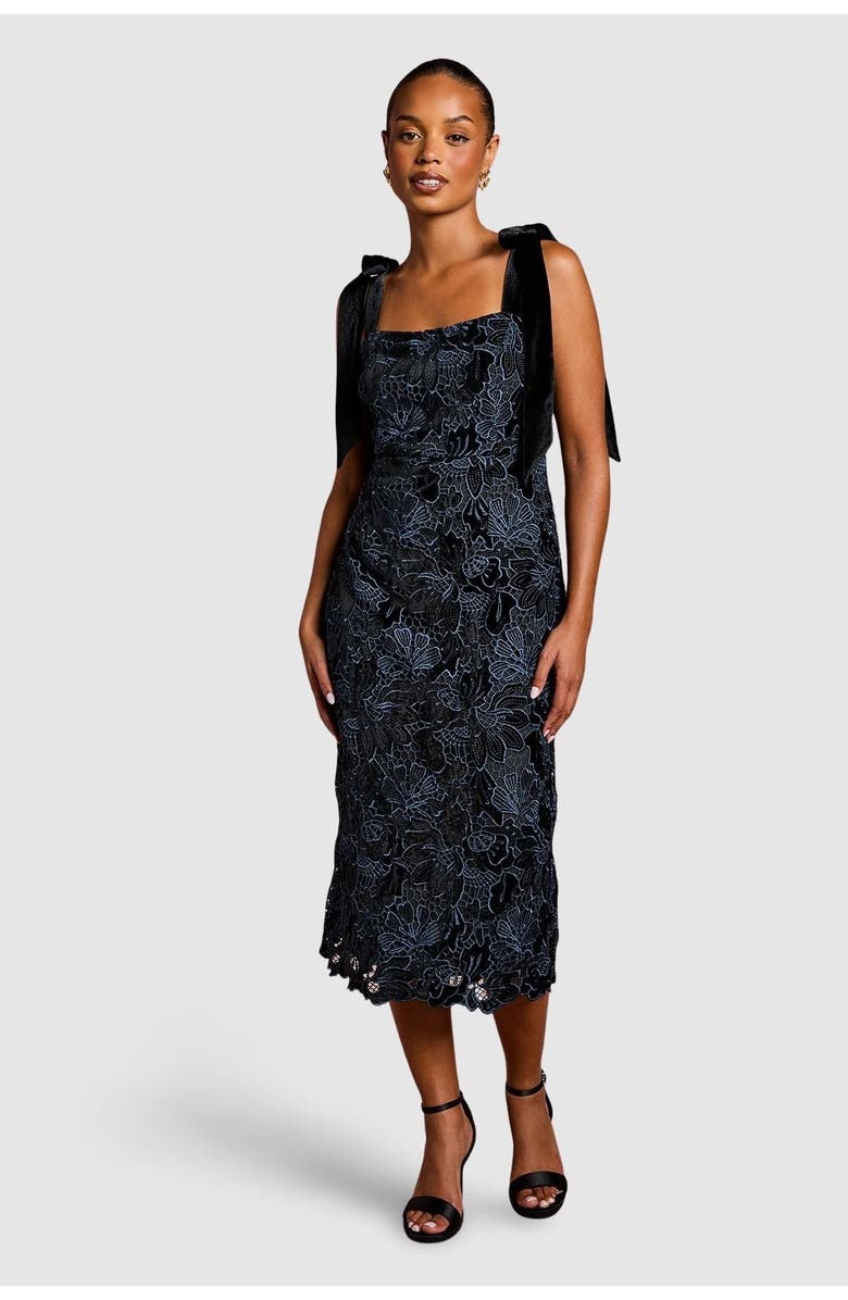 Coast Petite Velvet Lace Tie Shoulder Dress, Main, color, Black