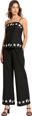 Modenaire Embroidered Camisole and Wide-Leg Pant Set with Floral Hem