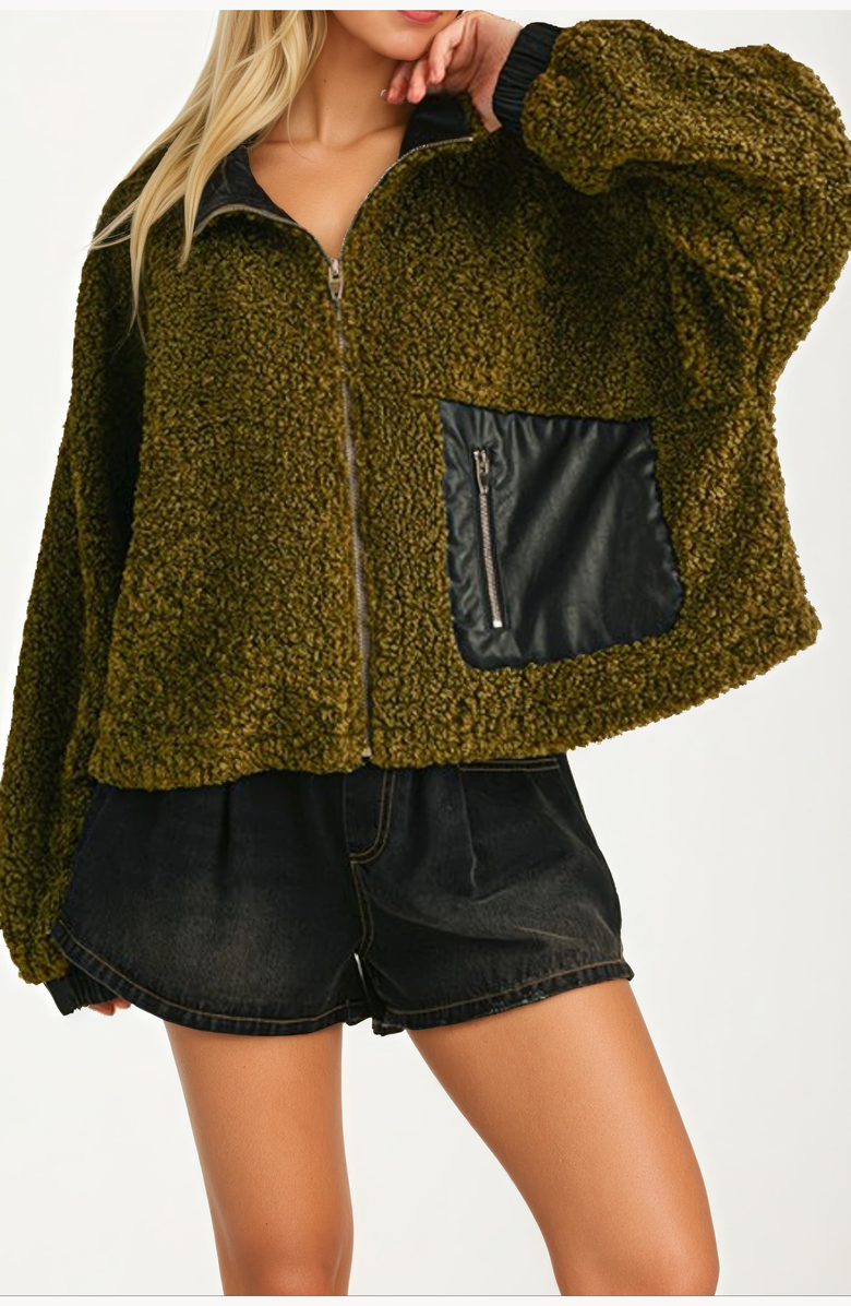 Knit and Lounge Faux Leather Trim Textured Zip-Up Pocket Detail Jacket, Alternate, color, 