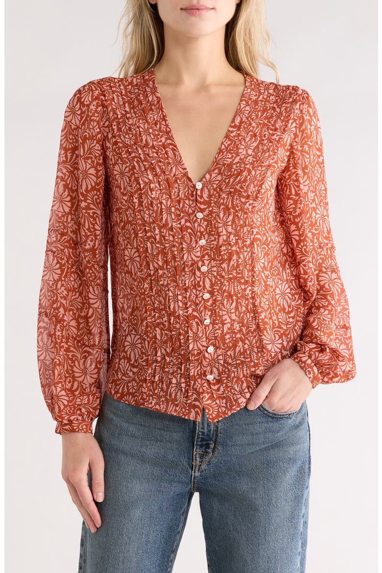Calvin Long Sleeve Silk Button-Up Top, Main, color, DARK PERSIMMON MULTI