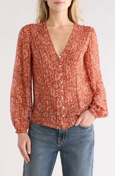 Calvin Long Sleeve Silk Button-Up Top