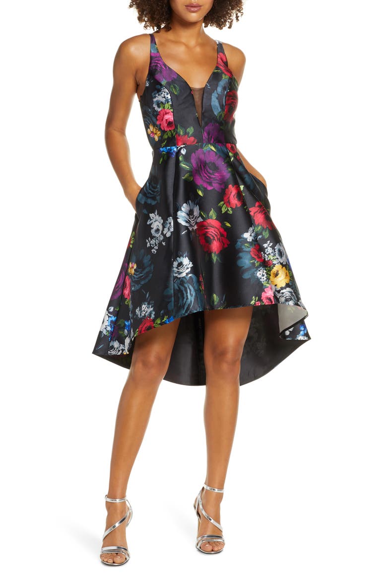 Floral Print High/Low Mikado Cocktail Dress, Main, color, BLACK/ MULTI